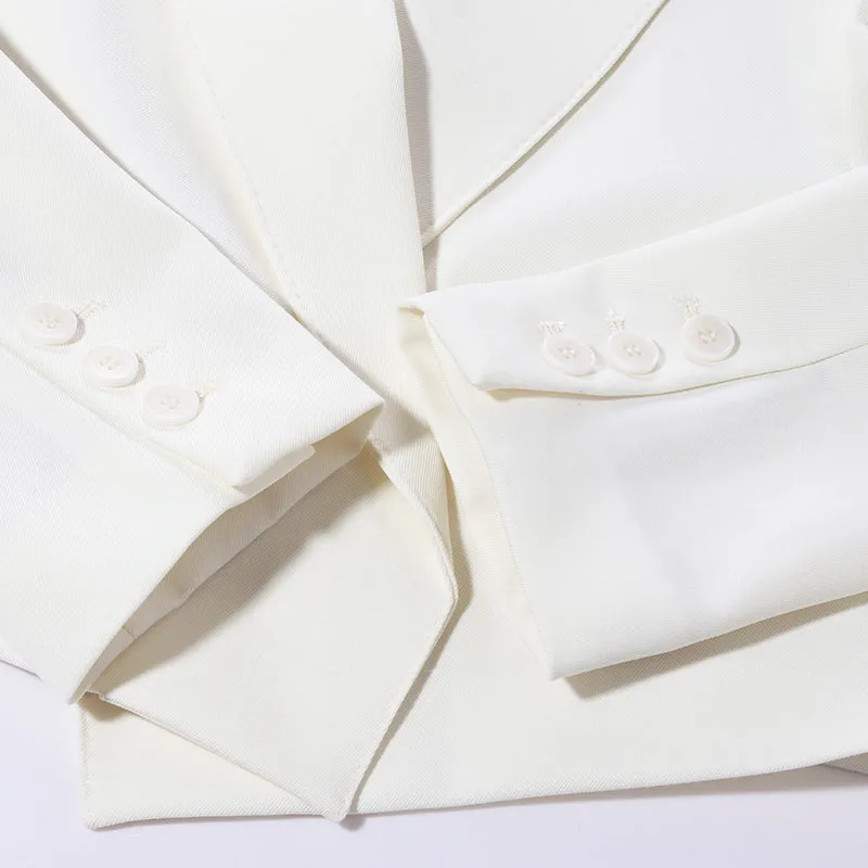 White Worsted Woolen Crop Blazer