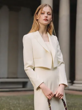 White Worsted Woolen Crop Blazer