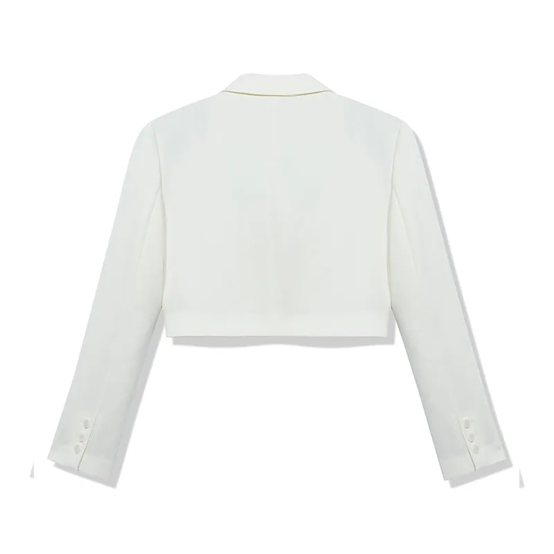 White Worsted Woolen Crop Blazer