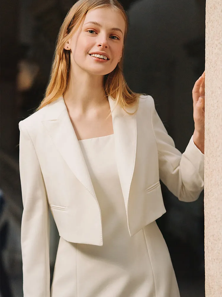 White Worsted Woolen Crop Blazer