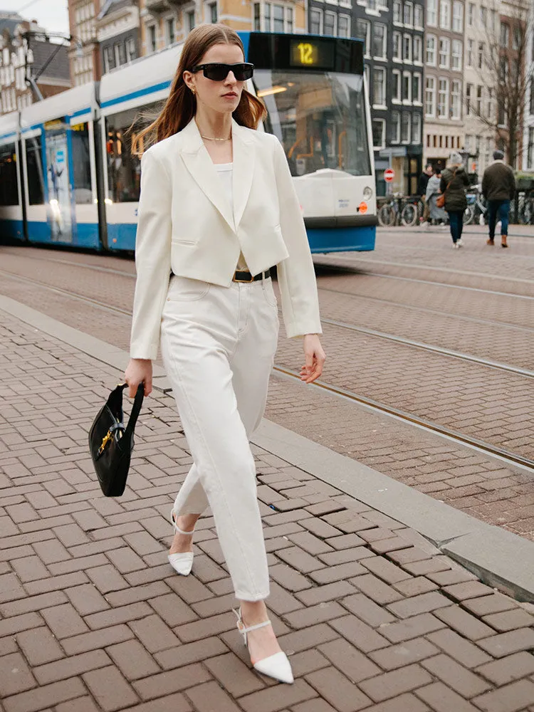 White Worsted Woolen Crop Blazer
