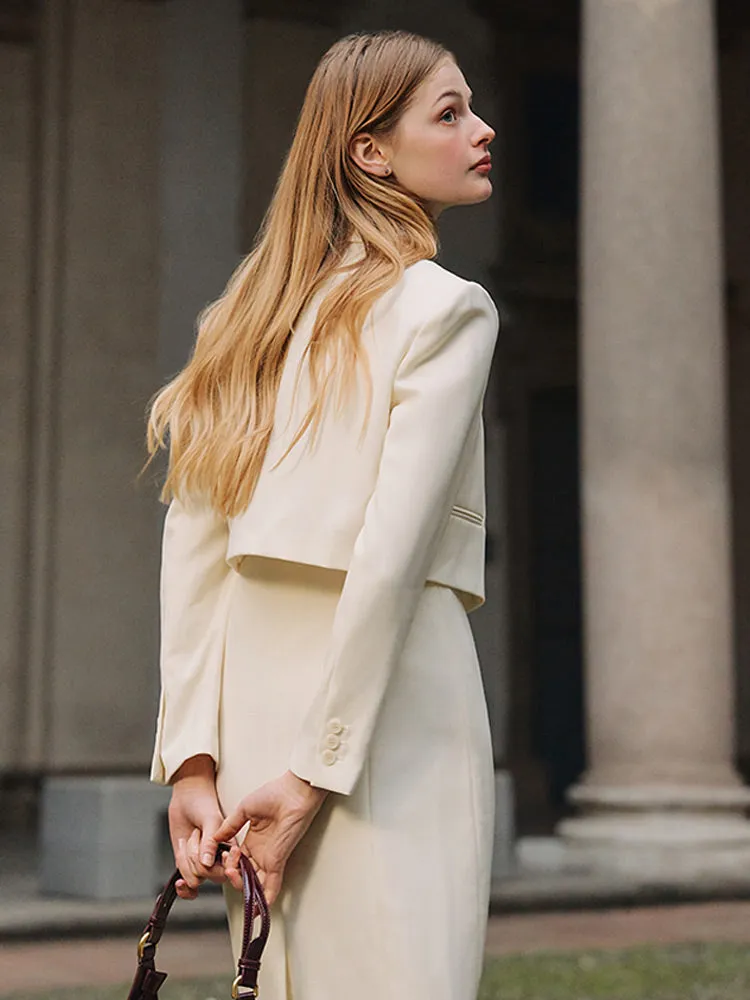 White Worsted Woolen Crop Blazer
