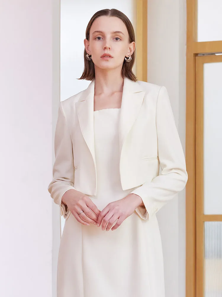 White Worsted Woolen Crop Blazer