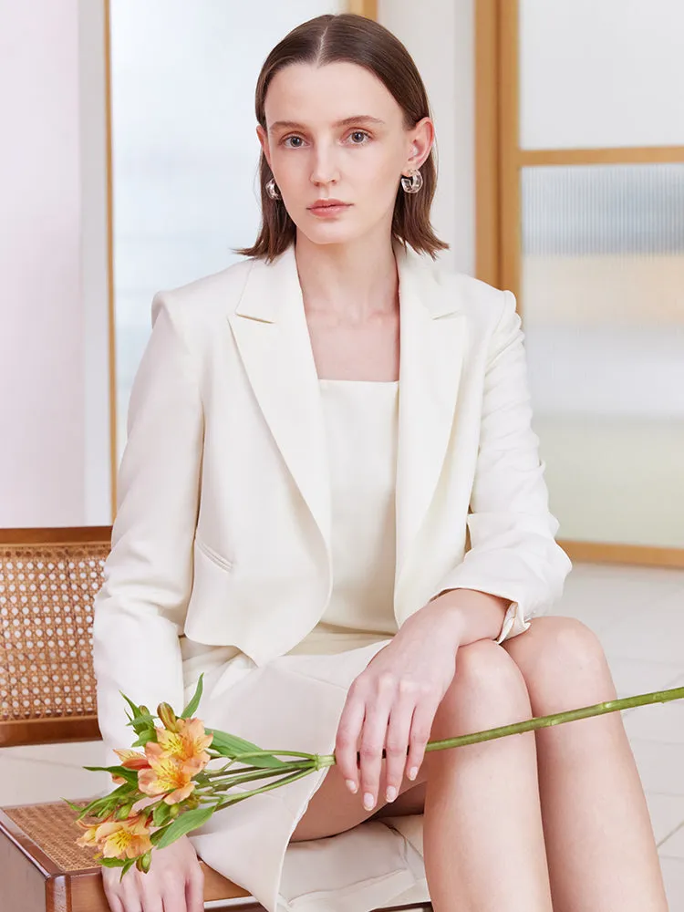 White Worsted Woolen Crop Blazer