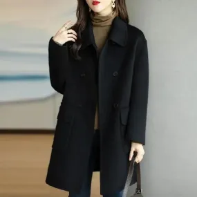 Women Woolen Coat Women Windproof Coat Stylish Women's Mid-length Woolen Coat Lapel Double Breasted Flap for Autumn/winter
